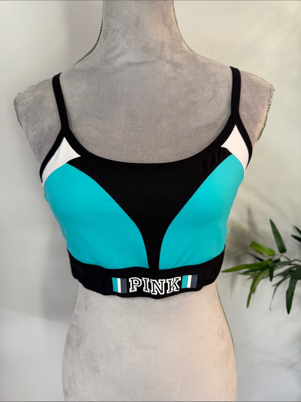 PINK Victoria's Secret Teal, Black & White Colorblock athletic Sports Bra